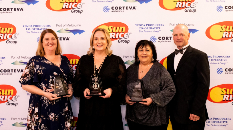 RGA Honorary Councillors Lisa O’Callaghan, Melissa Lyons & Eleanor Fondacaro with Ricegrowers’ Association President Peter Herrmann. (Photo Credit Emma Jane Industry)